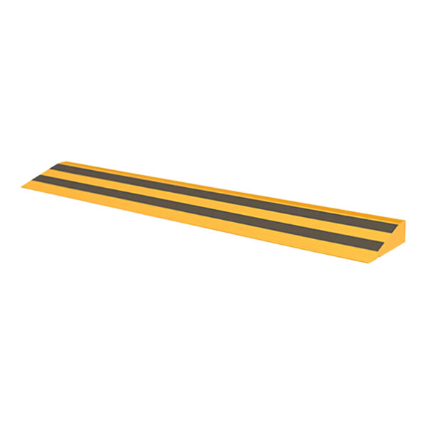 A wood ramp with yellow and black stripes on the surface.