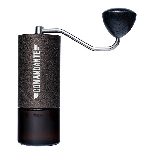 A Comandante coffee grinder with a black handle.
