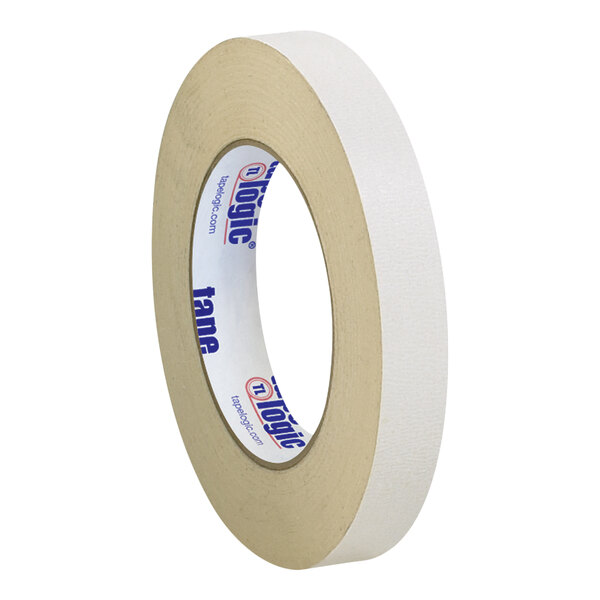 A white roll of Tape Logic double-sided masking tape with blue and white text.