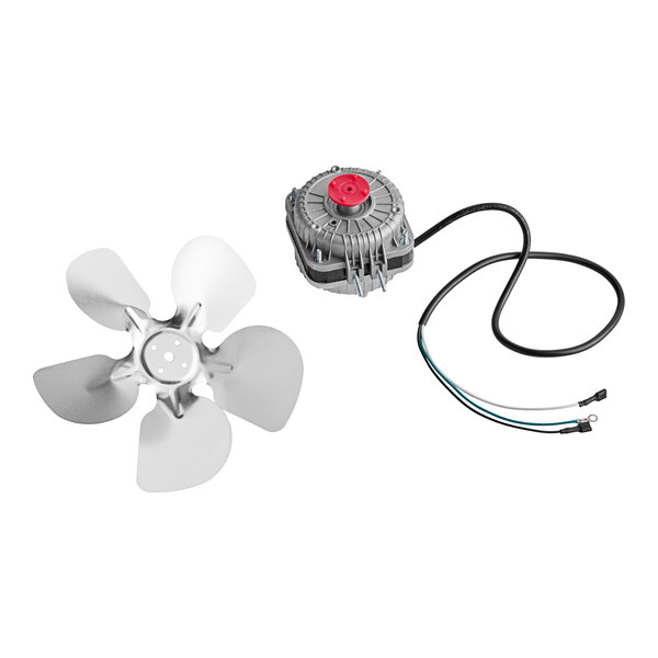 A close-up of an Avantco condenser fan motor with a blade attached.