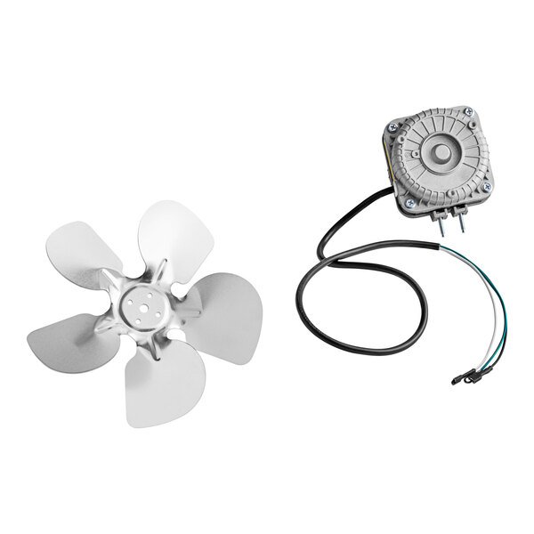 A grey circular Avantco condenser fan motor with a round fan blade and wire.