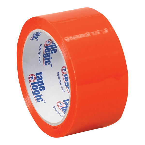 A roll of orange Tape Logic carton sealing tape with white writing on it.