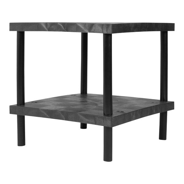 A black SPC Industrial workbench with metal legs and two shelves.