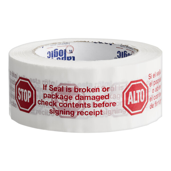A roll of Tape Logic packing tape with red and white "Stop / Alto" text.