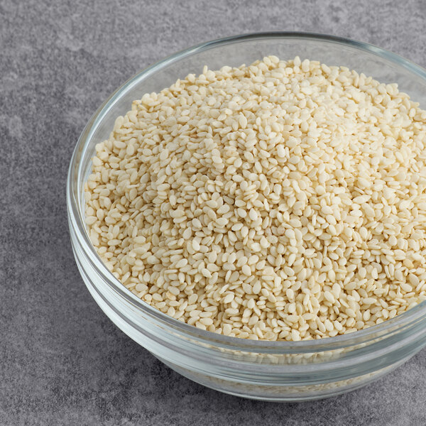 A bowl of Hometown Provisions white sesame seeds.