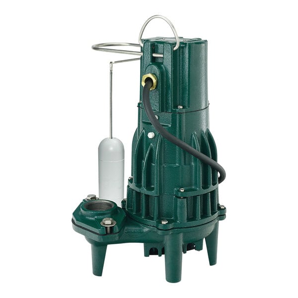 A green Zoeller Flow-Mate Series M161 water pump with a white pipe.