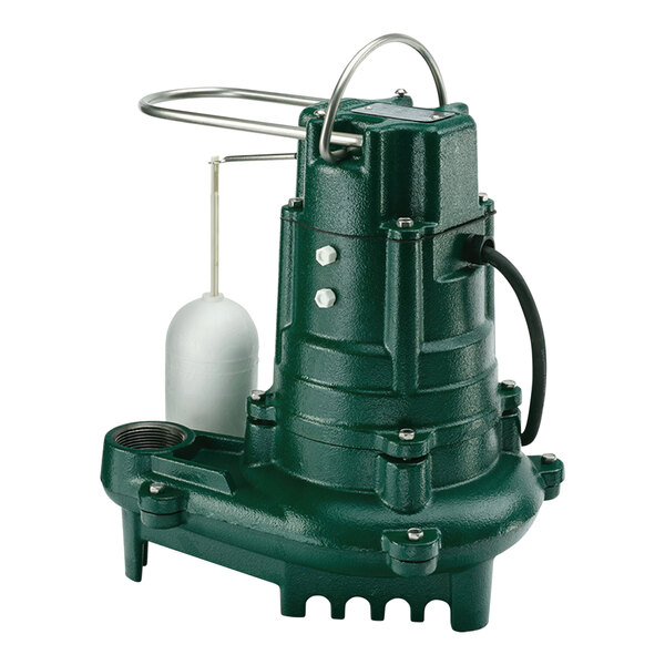 A green Zoeller Flow-Mate Series submersible pump with a white cap.