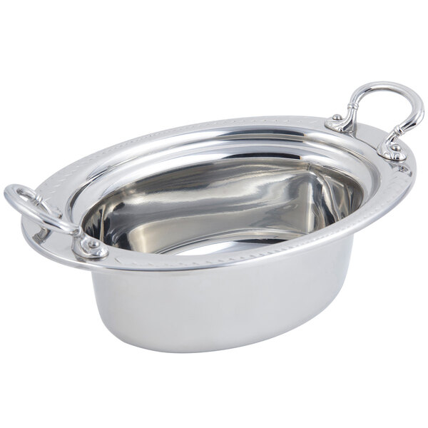 A stainless steel Bon Chef oval food pan with round stainless steel handles.