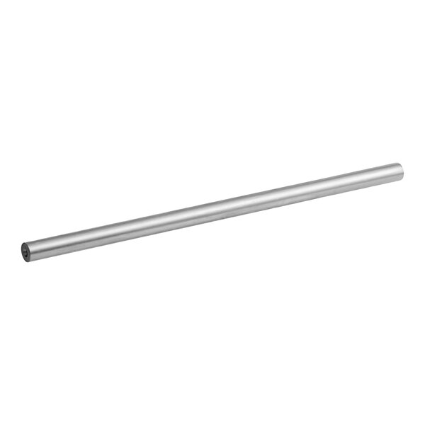A long silver metal rod with black end caps on a white background.