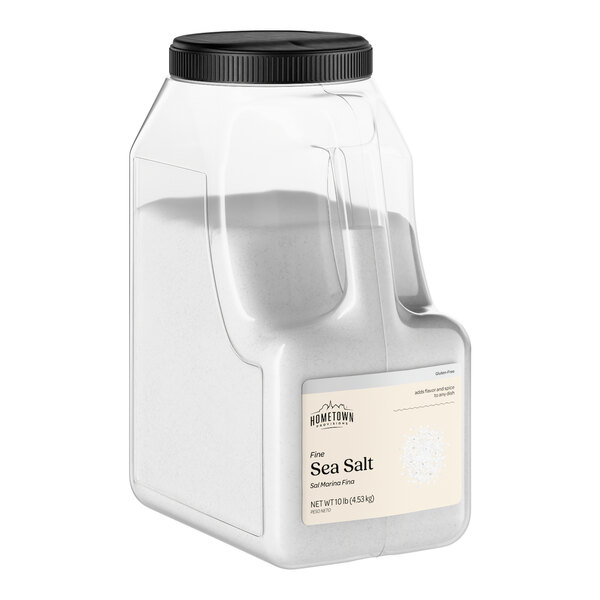 A large plastic container of Hometown Provisions Fine Sea Salt.