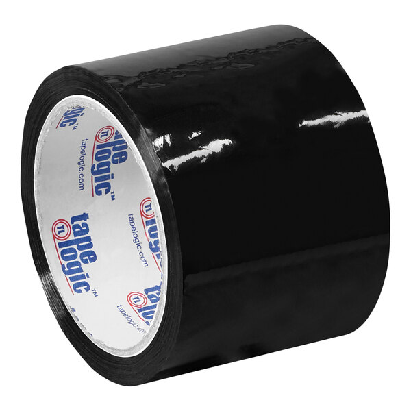 A roll of black Tape Logic carton sealing tape with white writing on it.