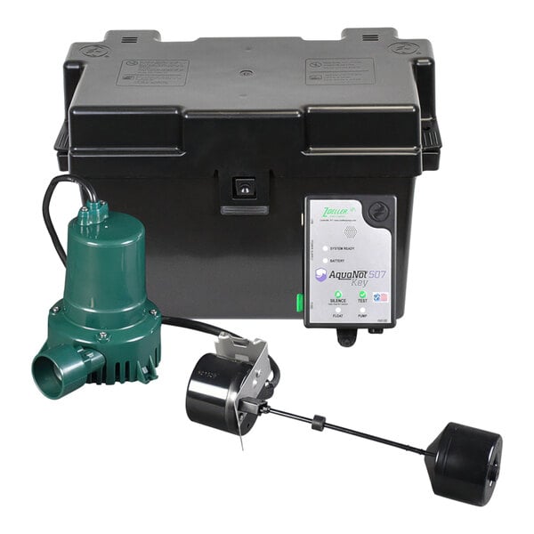 A black Zoeller Aquanot backup water pump system box with green accents.