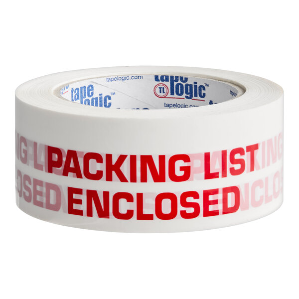 A white Tape Logic with a roll of Tape Logic "Packing List Enclosed" tape with red text.