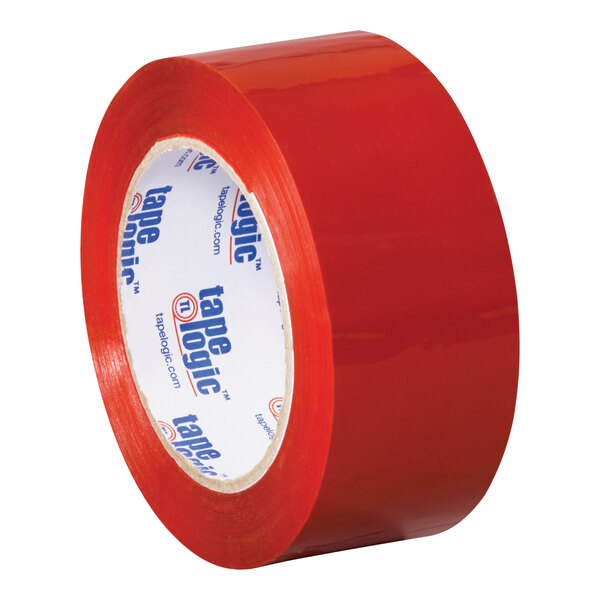 A roll of red Tape Logic carton sealing tape with white writing on it.