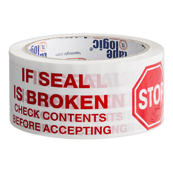 A roll of Tape Logic carton sealing tape with red text that reads "Stop / If Seal is Broken"