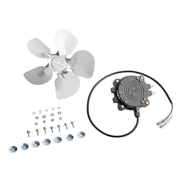 An Avantco condenser fan motor with a blade, screws, and a cable.