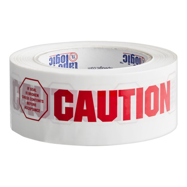 A roll of Tape Logic "Caution / If Seal is Broken" tape with red text on a white background.