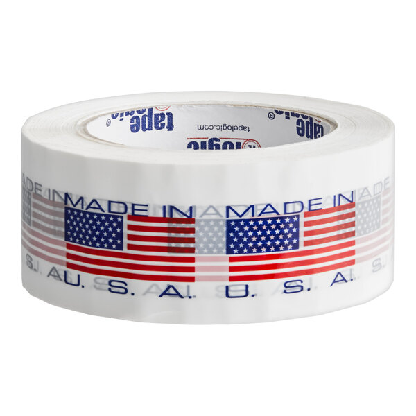 A roll of Tape Logic carton sealer tape with "Made in the USA" and American flag designs.