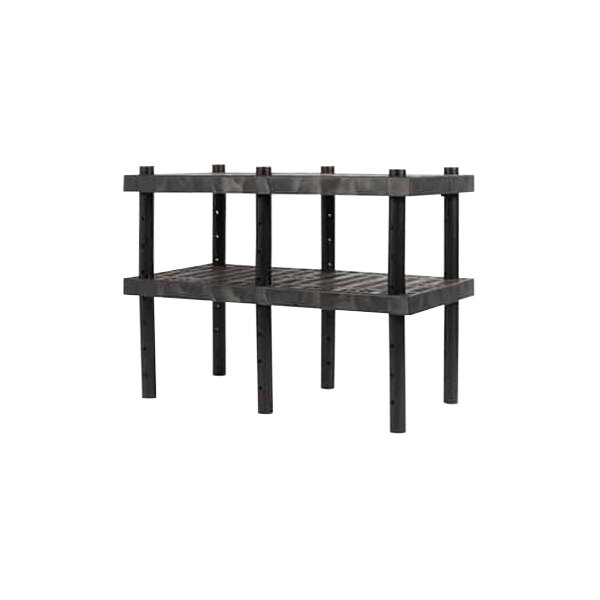 A black grid-top workbench shelf with black legs.