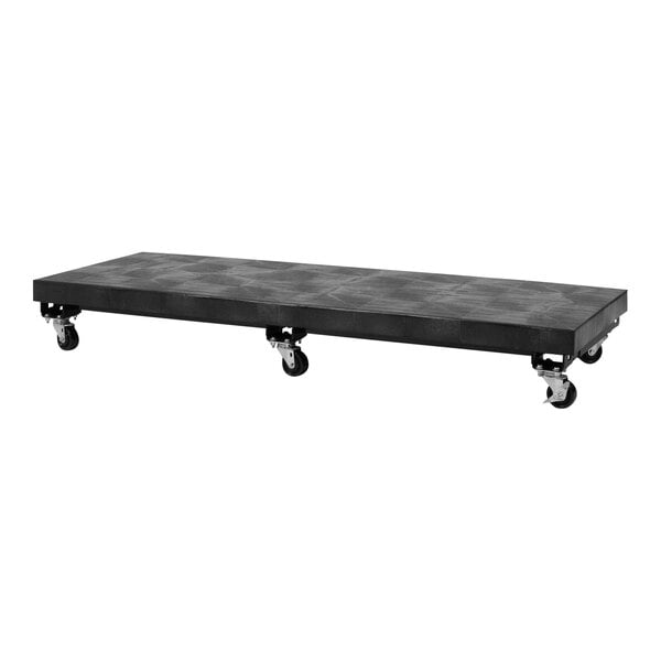 A black mobile dunnage rack with wheels.