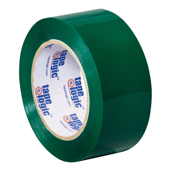 A close-up of a roll of green Tape Logic carton sealing tape with white writing on it.