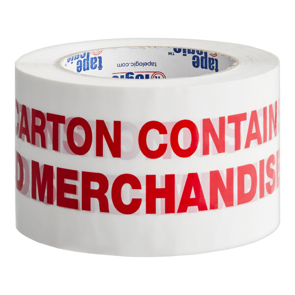 A roll of white Tape Logic packing tape with red text reading "Mixed Merchandise" and a carton icon.