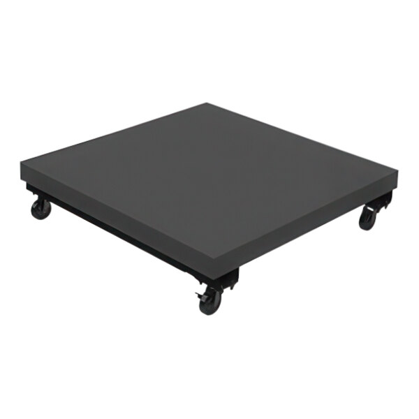 A black square mobile dunnage rack on wheels.