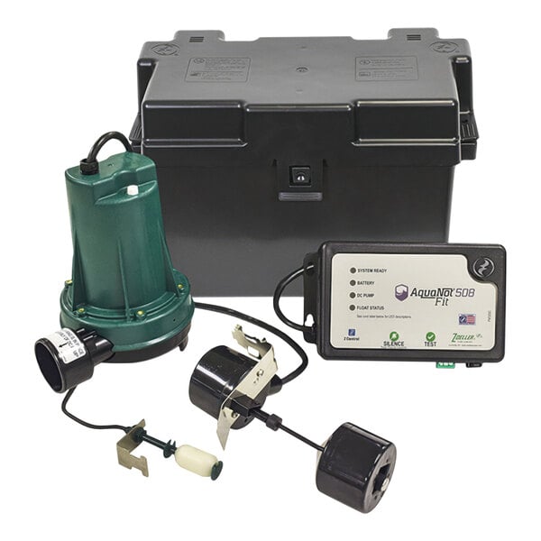 A black box with a Zoeller 12V backup sump pump inside.