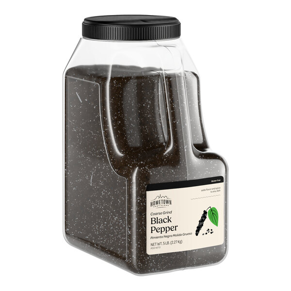 A large plastic container of coarse grind black pepper labeled as Hometown Provisions brand.