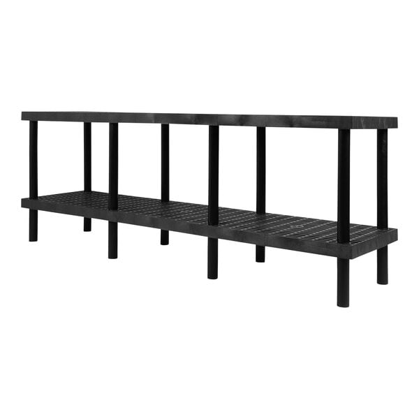 A black metal SPC Industrial workbench with grid-top shelves.
