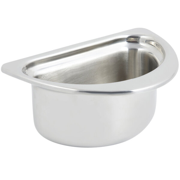 A stainless steel Bon Chef food pan with a curved edge.