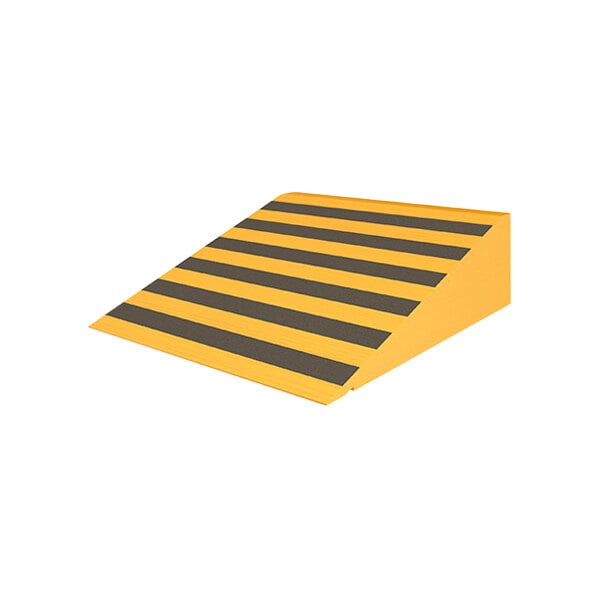 A yellow and black striped SPC Industrial wood ramp.