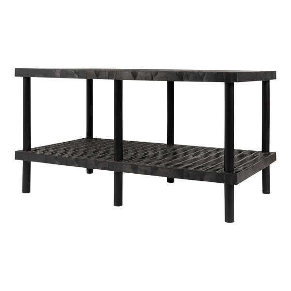 A black steel SPC Industrial workbench with grid shelves.