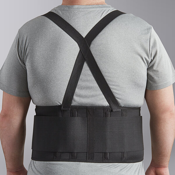 The back of a man wearing a Lavex black back support belt with a close-up of the black strap.