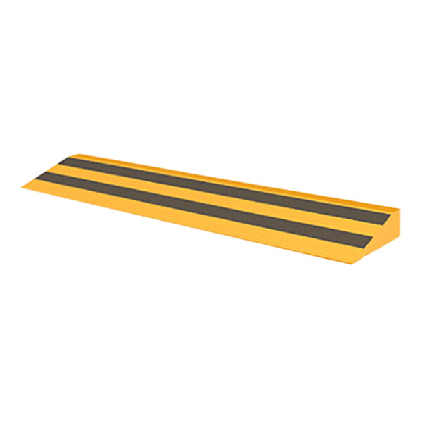 A wood ramp with yellow and black safety stripes.