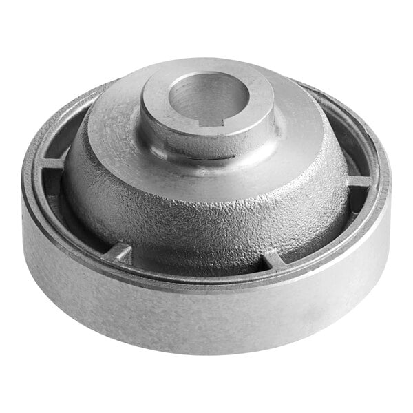A round metal pulley with a hole in the center.