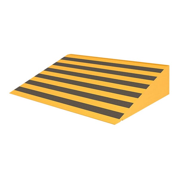 A yellow and black striped wood ramp with a black and white striped sign.