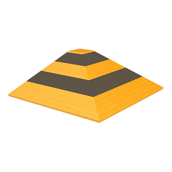 A yellow and black striped wood corner ramp with a black stripe on a yellow and black pyramid.