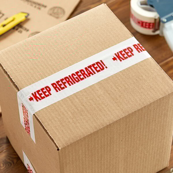 A white box with Tape Logic "Keep Refrigerated" tape on it.