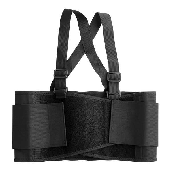 A black belt with adjustable straps and a buckle.
