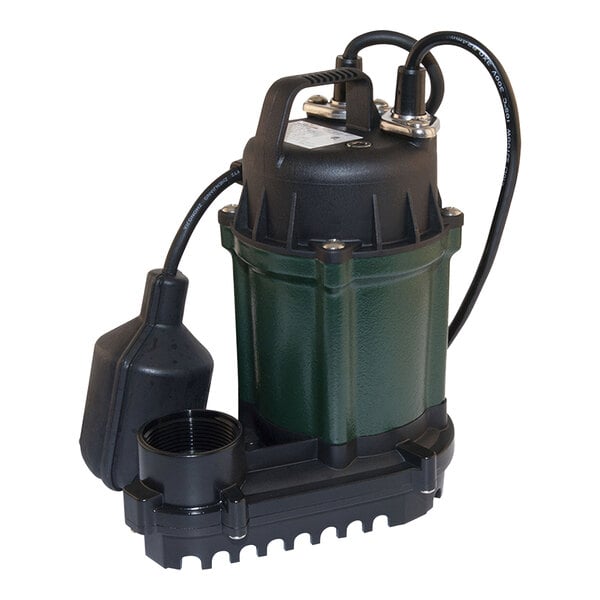 A close-up of a green and black Zoeller WM49 Water Ridd'r III submersible pump.