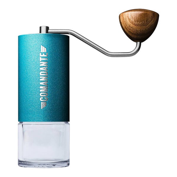 A Comandante C40 MK4 coffee grinder with a clear and blue glass container and a wooden handle.