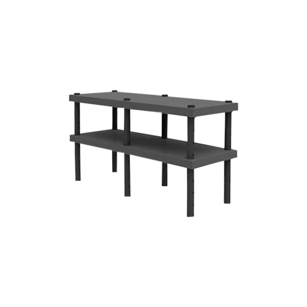 A black SPC industrial workbench with metal shelves.