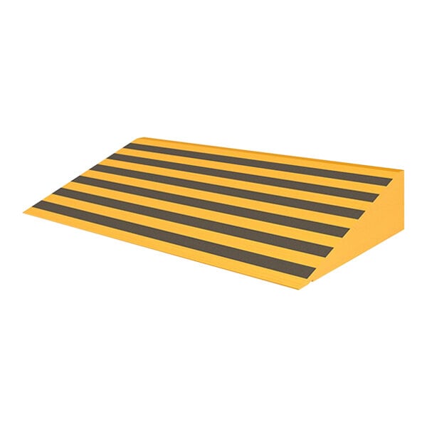 A yellow and black striped wood ramp.