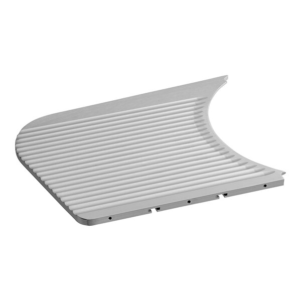 A white rectangular thickness gauge plate with a curved metal handle and circular hole.