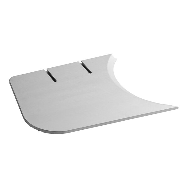 A white metal Estella thickness gauge plate with two handles.
