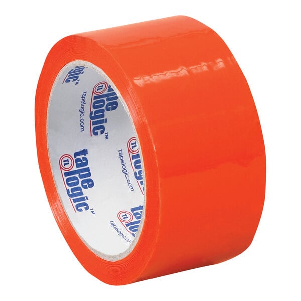A roll of Tape Logic orange carton sealing tape with white writing on it.