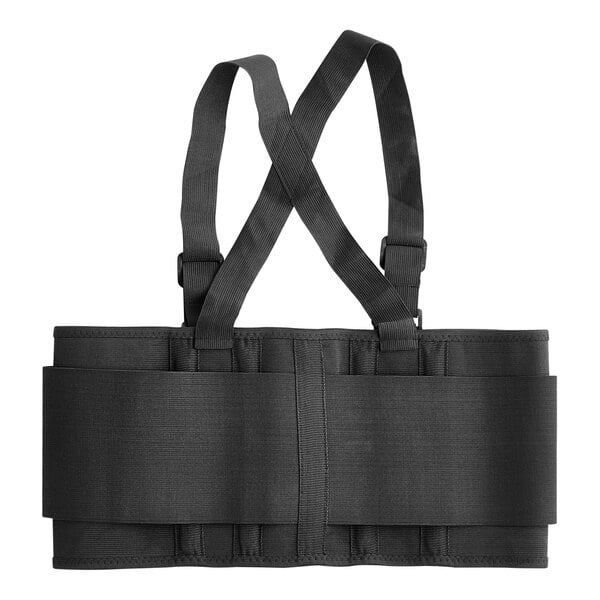 A black back support belt with straps and buckles.