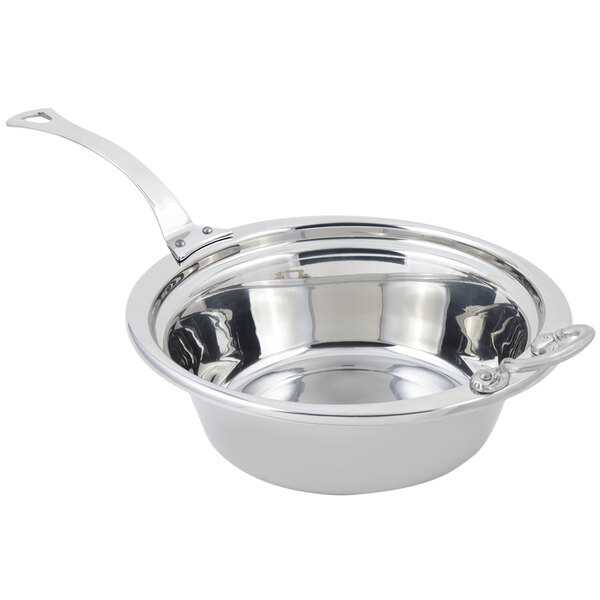 A Bon Chef stainless steel casserole food pan with a long handle.