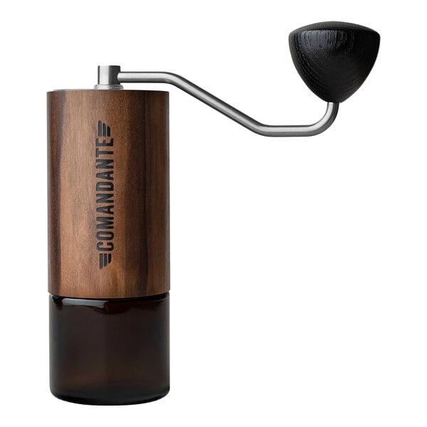 A Comandante coffee grinder with a wooden and black handle.